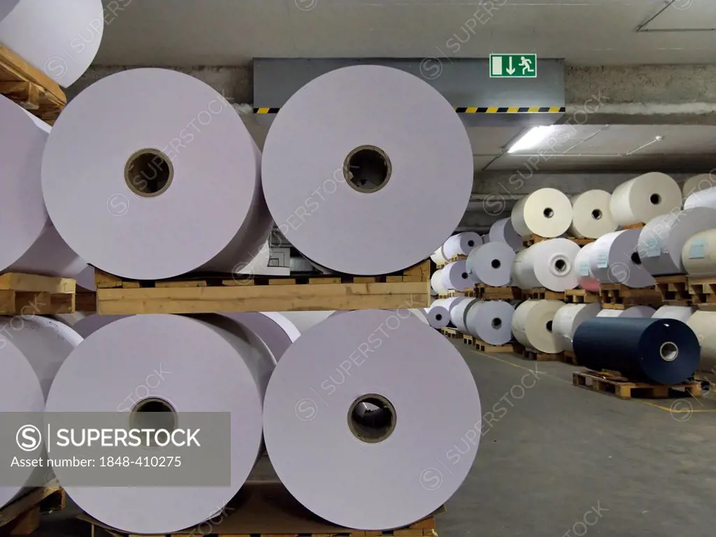 Large paper rolls in Gmund paper manufacturing warehouse, Gmund, Germany, Europe