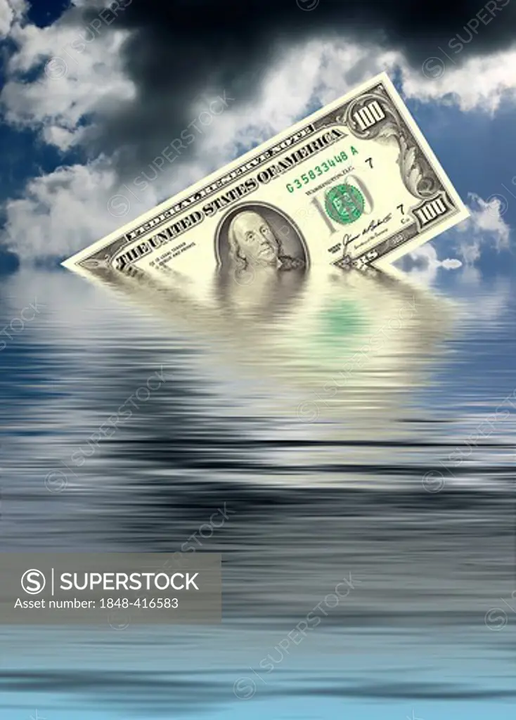 A USD 100 bill, United States dollar, sinking in water, photomontage