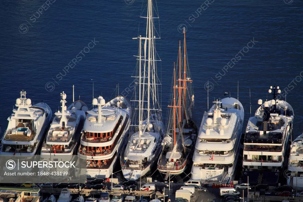 Super yachts in the La Condamine port, including the motor yachts Lady Lola, Sokar, Wedge Too, Lady Ann, and Blue Force, Principality of Monaco, Cote ...