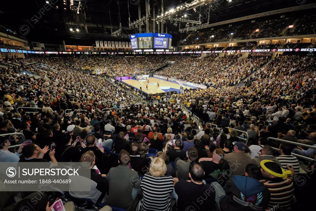 Basketball game of Alba Berlin in the interior of the O2 World, O2 Arena of the Anschutz Entertainment Group, Berlin Friedrichshain, Germany, Europe