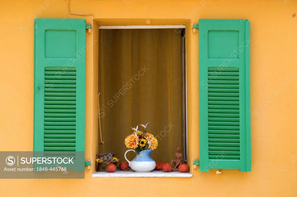 Still life, window in the historic centre, Menton, Cote d'Azur, Provence, France, Europe