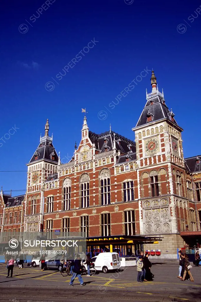 Central station, Centraal Station NS, facade, Amsterdam, North Holland, Netherlands, Europe