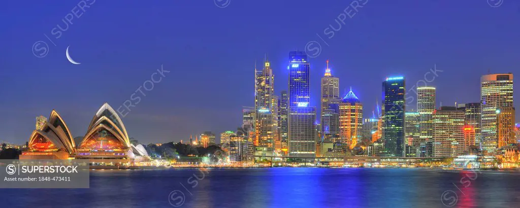 Panorama shot of Sydney Opera House, Sydney Harbour Bridge, Harbour, Sydney skyline, Central Business District, moon, night, Sydney, New South Wales, ...