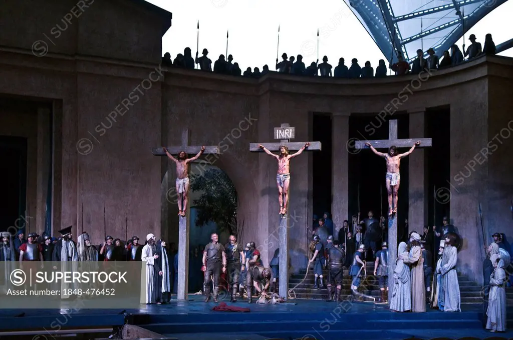 Crucifixion scene with Frederik Mayet in the role of Jesus, Oberammergau Passion Play 2010, Bavaria, Germany, Europe