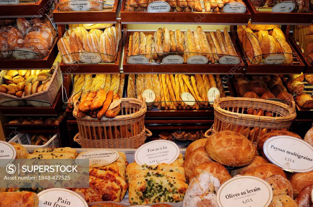 Bread display in a market in the Montreal, Quebec Canada