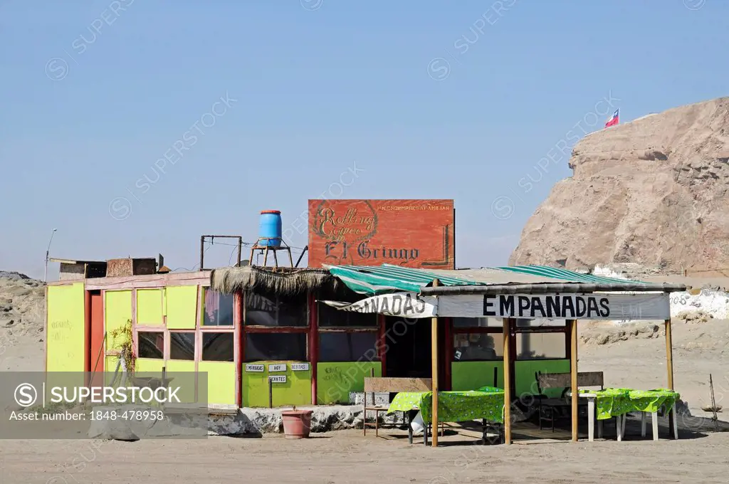 Small restaurant, Atacama Desert, El Morro, mountain, Arica, Norte Grande, northern Chile, Chile, South America