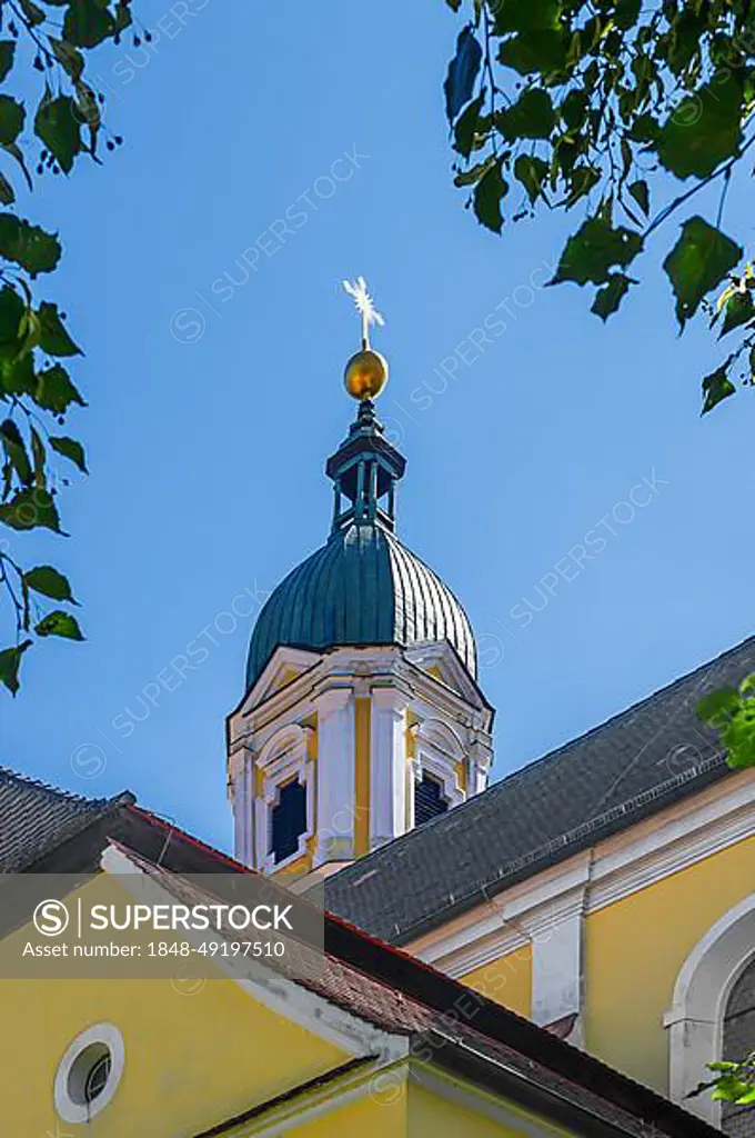 Tower of the baroque monastery church of St George, monastery, Imperial Abbey of Ochsenhausen, a Benedictine monastery from 1090 to 1803, Bavaria, Germany, Europe