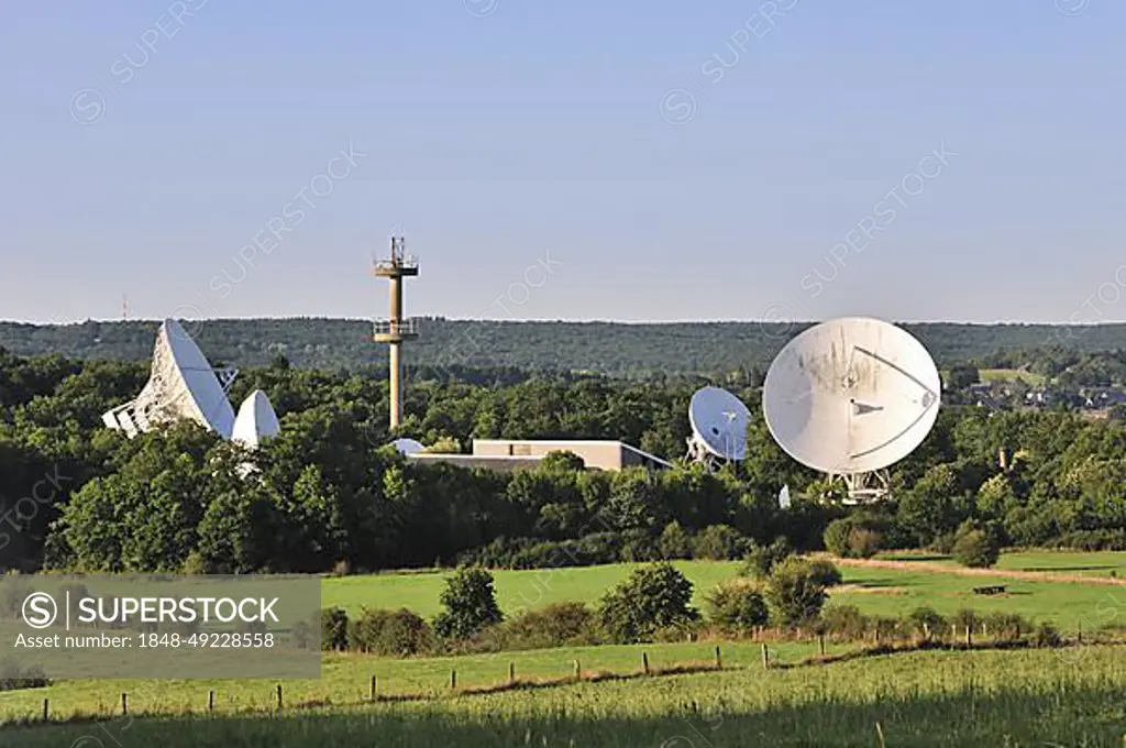 Parabolic satellite dishes of the Belgium Telecommunication Centre at Lessive, Namur, Belgian Ardennes, Wallonia, Belgium, Europe