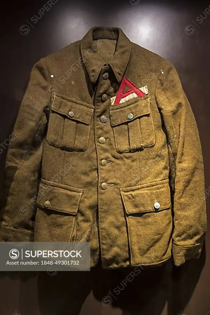 Belgian uniform with red A emblem of Second World War Two concentration camp prisoner, Belgium, Europe