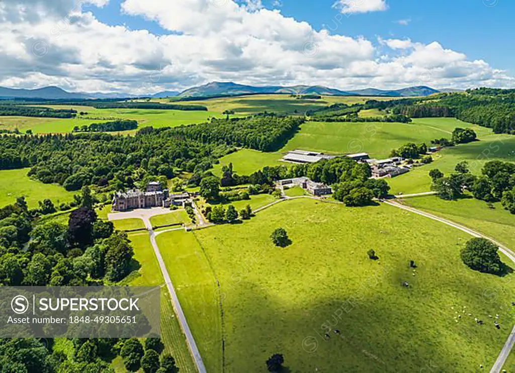 Greystoke Castle from a drone, Greystoke, Penrith, Cumbria, England, United Kingdom, Europe