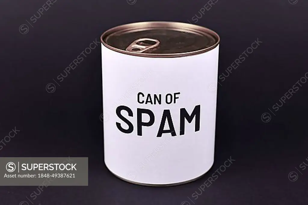 Can with white label saying 'Can of Spam', concept for sending unsolicited messages to large numbers of recipients for the purpose of advertising or phishing