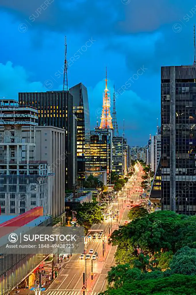 Night view of the famous Paulista Avenue at night, financial