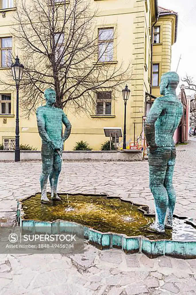 Piss is an outdoor 2004 sculpture and fountain by Czech artist David Cerny, installed outside the Franz Kafka Museum in Mala Strana, Prague, Czech Republic, Europe