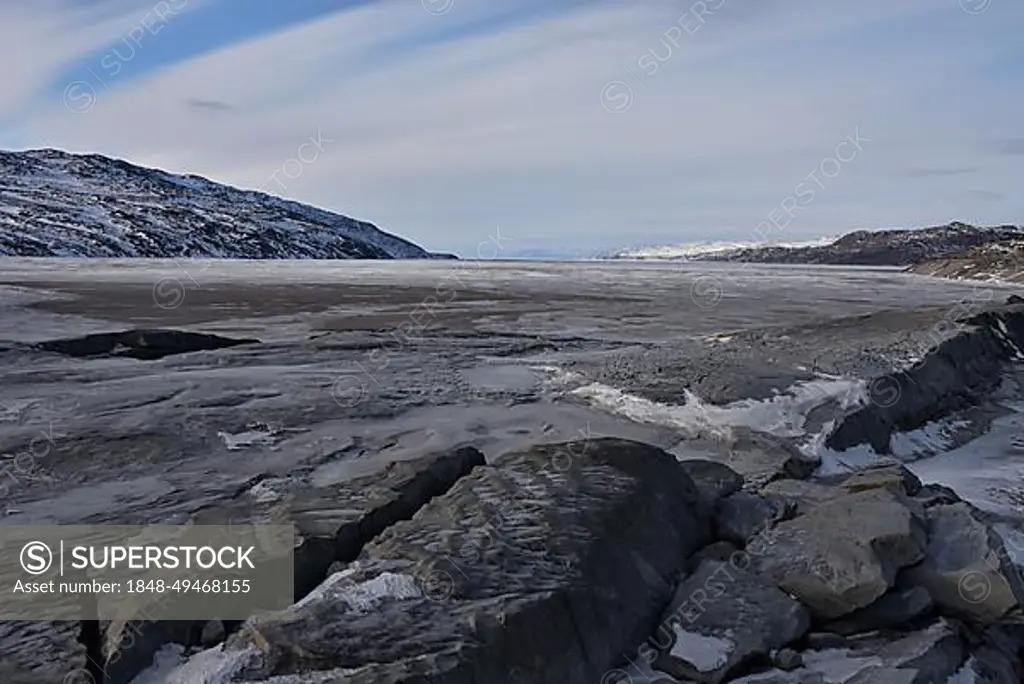 The fjord Kangerlussuaq at its landward end near the settlement of Kangerlussuaq, Greenland, Denmark, North America