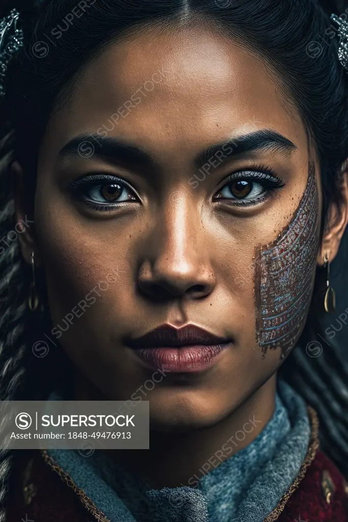 Portrait of a young indigenous woman, with face painting, Afro-Asian, AI generated