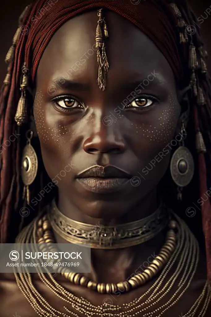 Portrait, Young African woman, traditional jewellery, necklace, earrings, treadlocks, Himba, AI generated