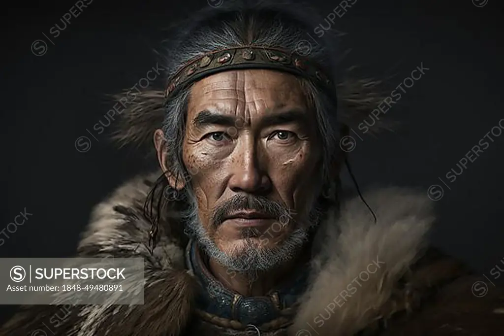 Portrait of man from Nenets tribe in Siberia. Ai generated art