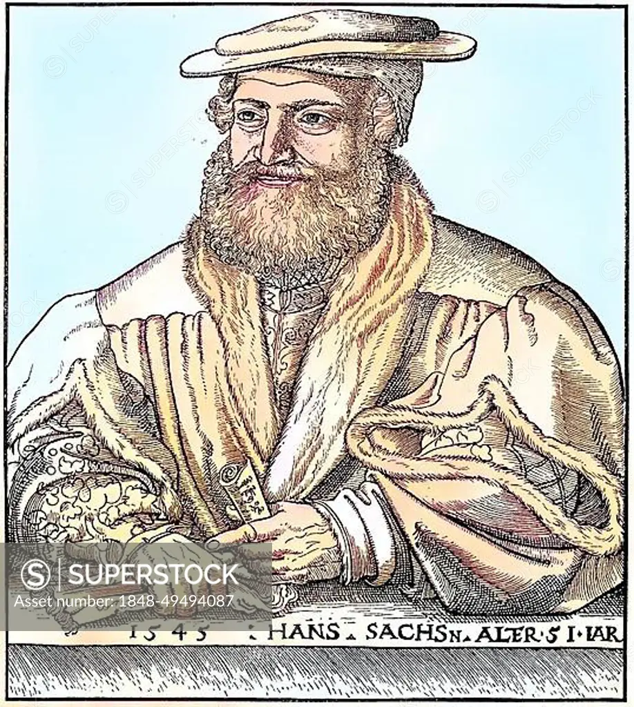 Hans Sachs aged 51, Hans Sachs, 1494, 1576, a Nuremberg shoemaker, proverb poet, master singer and dramatist, Historical, digitally restored reproduction from a 19th century original