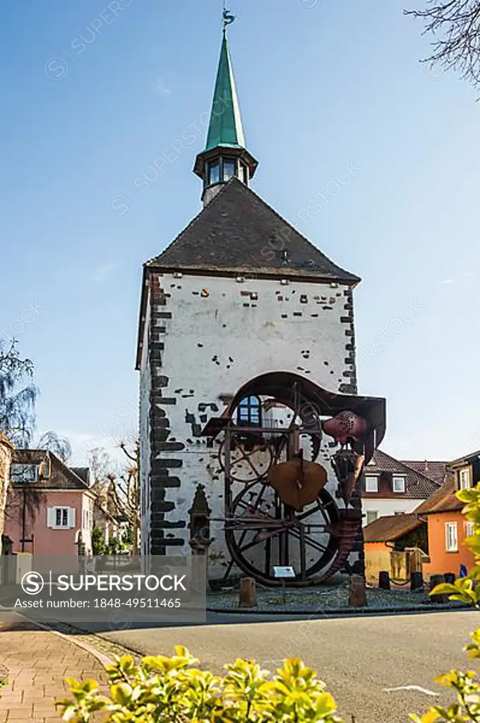 Sculpture Wheel Stage by Helmut Lutz in front of the Hagenbach Tower, Breisach, Breisgau, Upper Rhine, Black Forest, Baden-Wuerttemberg, Germany, Europe
