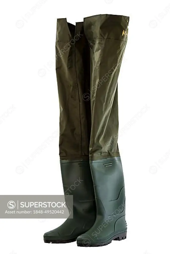 Pair of fishing waders or hip boots. Wellington boots with leg protection -  SuperStock