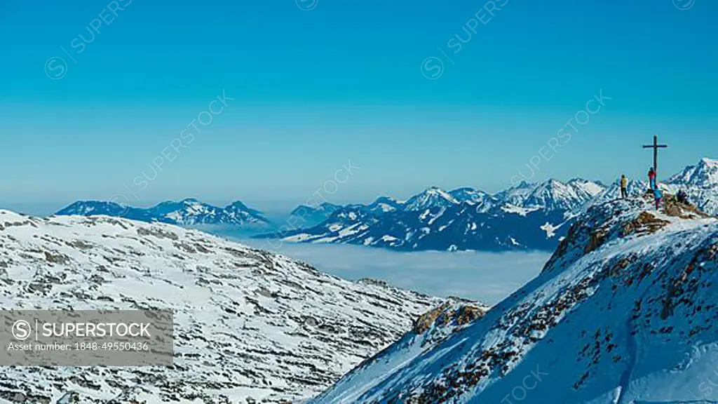 Hahnenkoepfle, 2085m, Gottesacker plateau, Kleinwalsertal, Vorarlberg, Austria, behind it the Allgaeu Alps, Bavaria, Germany, Europe