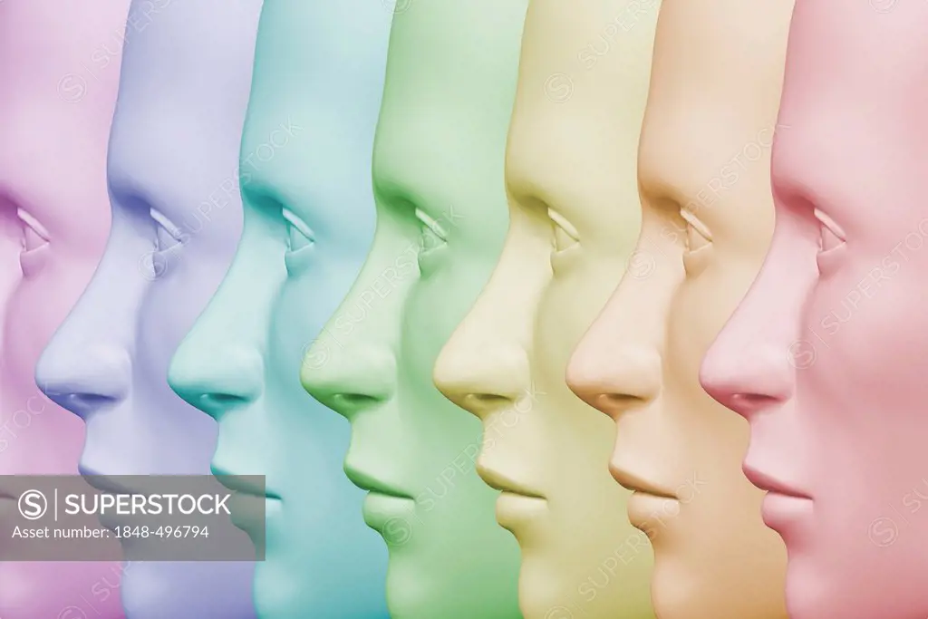 Colorful faces in a row, 3D illustration