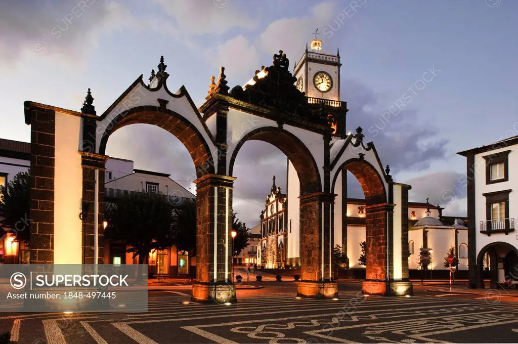 Portas da Cidade and Igreja Matriz in Ponta Delgada on the island of Sao Miguel, Azores, Portugal