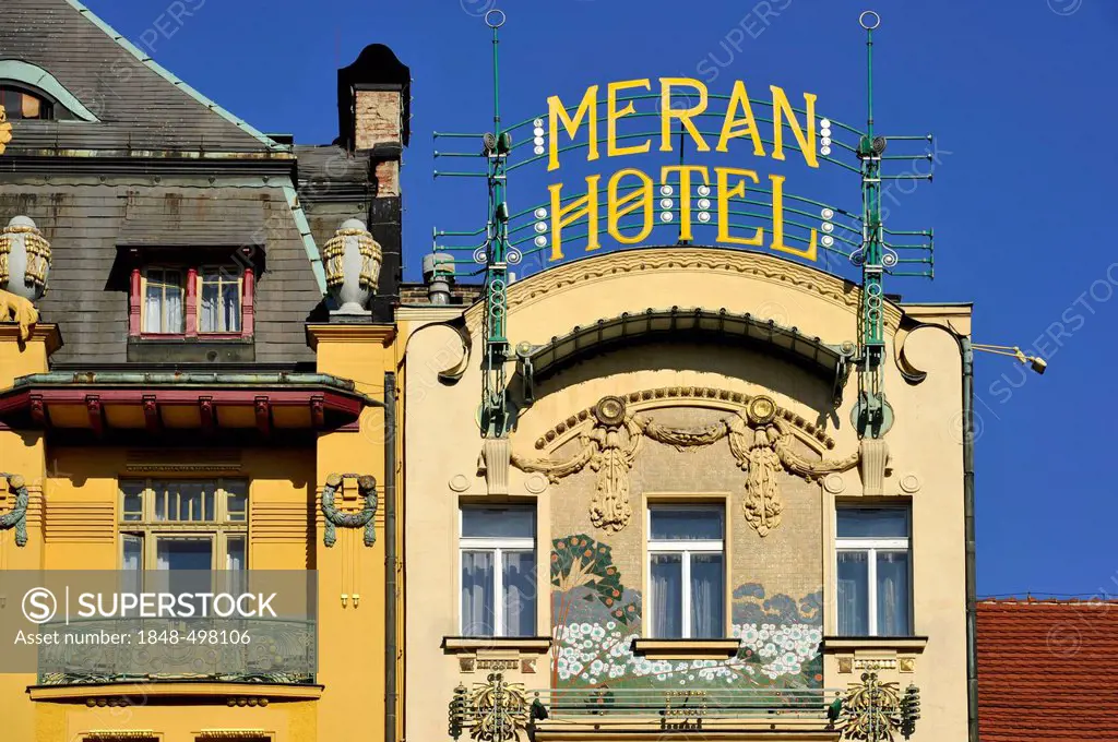 Gable with lettering Meran Hotel in Art Nouveau style, Wenceslas Square, Prague, Bohemia, Czech Republic, Europe