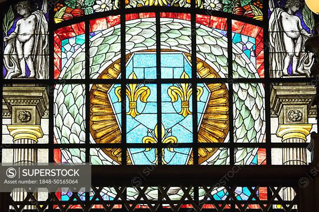 Artful stained glass window with Wiesbaden city coat of arms in the spa hotel in Wiesbaden, Hesse, Germany, Europe