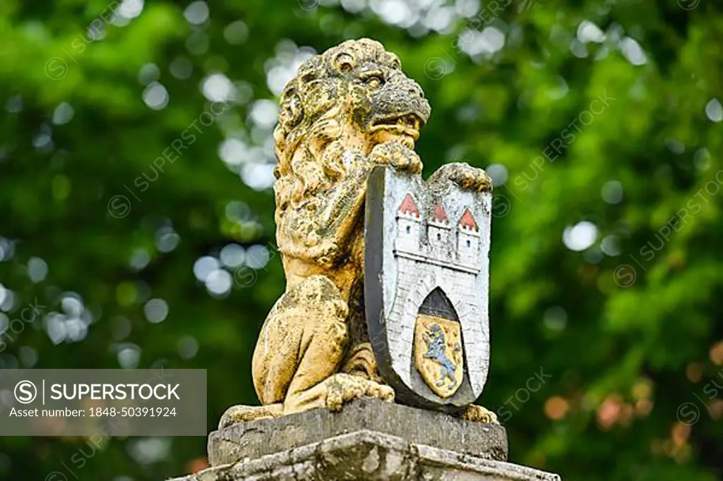Lion with city coat of arms, Celle, Lower Saxony, Germany, Europe