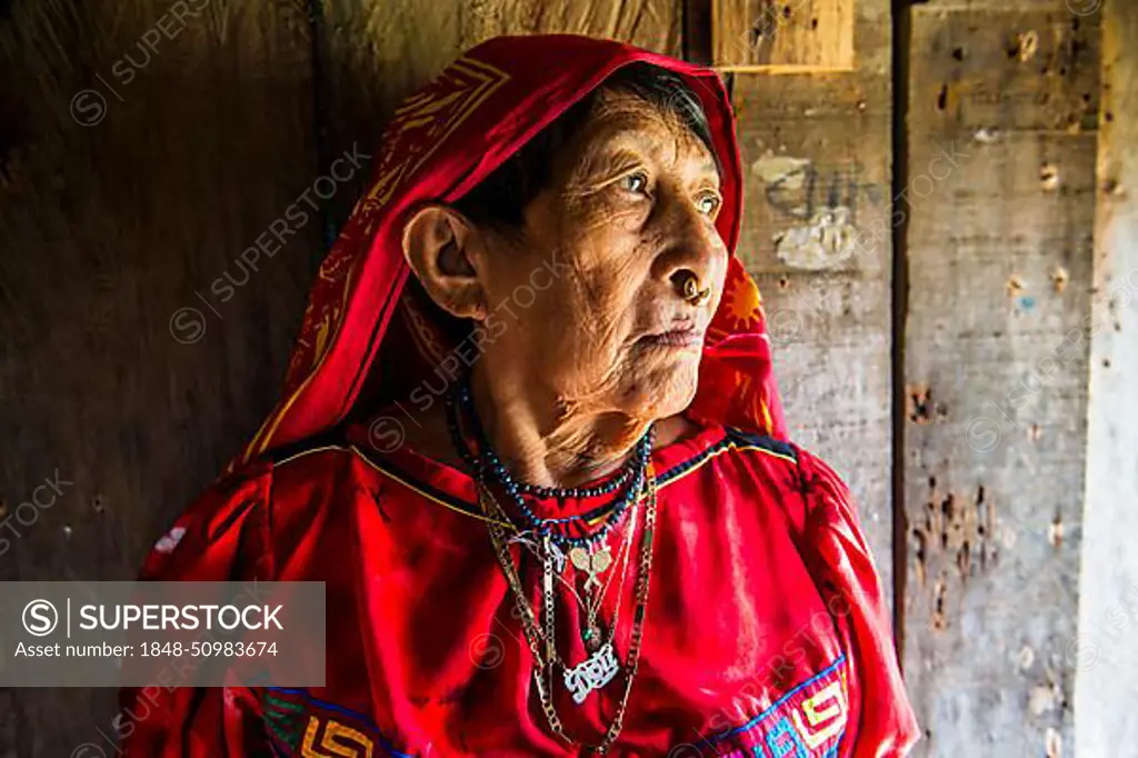 Portrait of a tradfitional dressed Kuna indian woman, Achutupu, San Blas islands, Kuna Yala, Panama, Central America