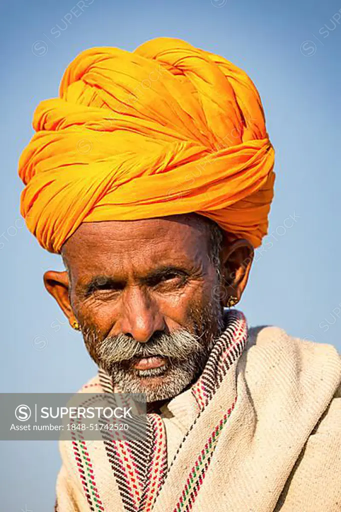 Portrait of an elderly man from Rajasthan wearing a turban, Pushkar, Rajasthan, India, Asia
