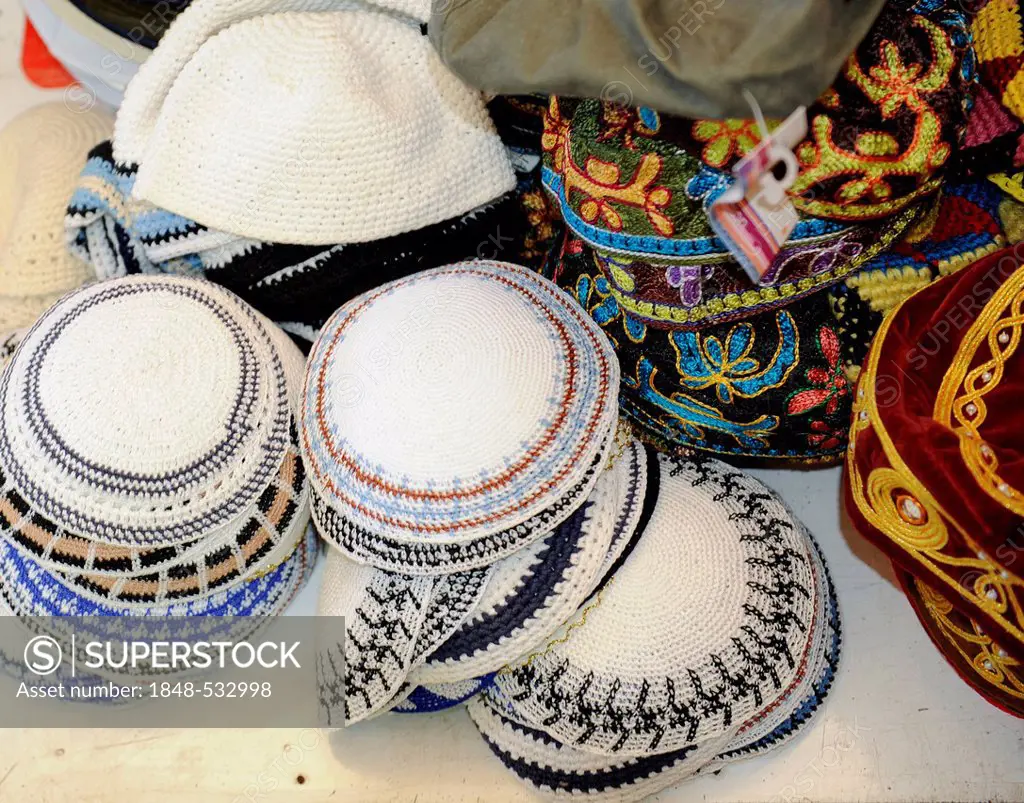 Kippahs or yarmulkes, Jewish head coverings in the market in Acre, Israel, Middle East, Southwest Asia