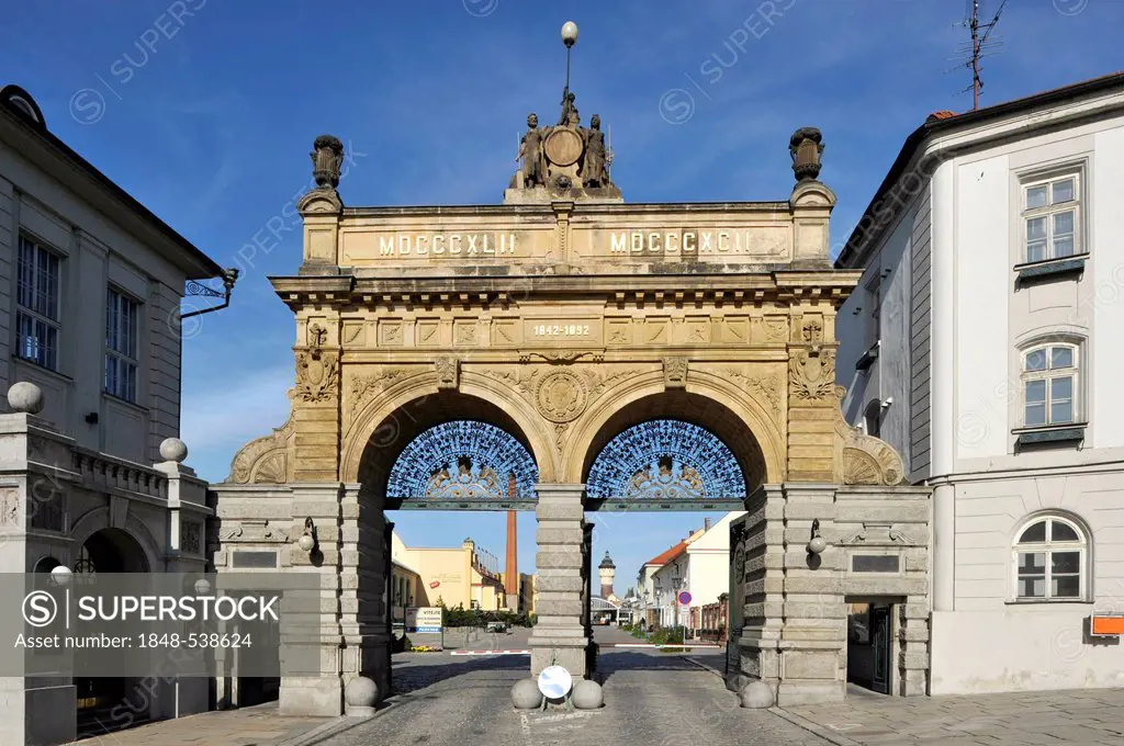 Historic gate, Pilsner Urquell brewery, Pilsen, Bohemia, Czech Republic, Europe