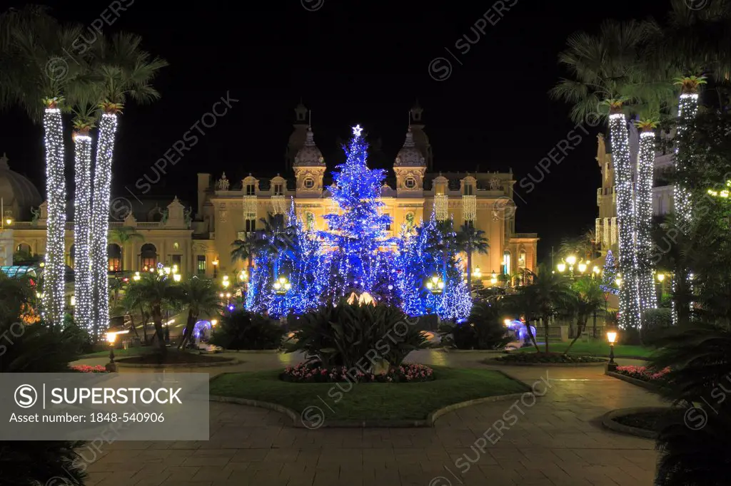 Casino Monte Carlo at Christmas with Christmas trees and illuminated palm trees, Principality of Monaco, Côte d'Azur, Mediterranean, Europe