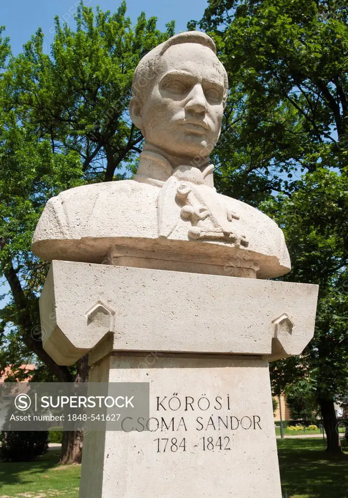 Bust of Koeroesi Csoma Sandor, spa gardens, Balatonfuered on Lake Balaton, Hungary, Europe
