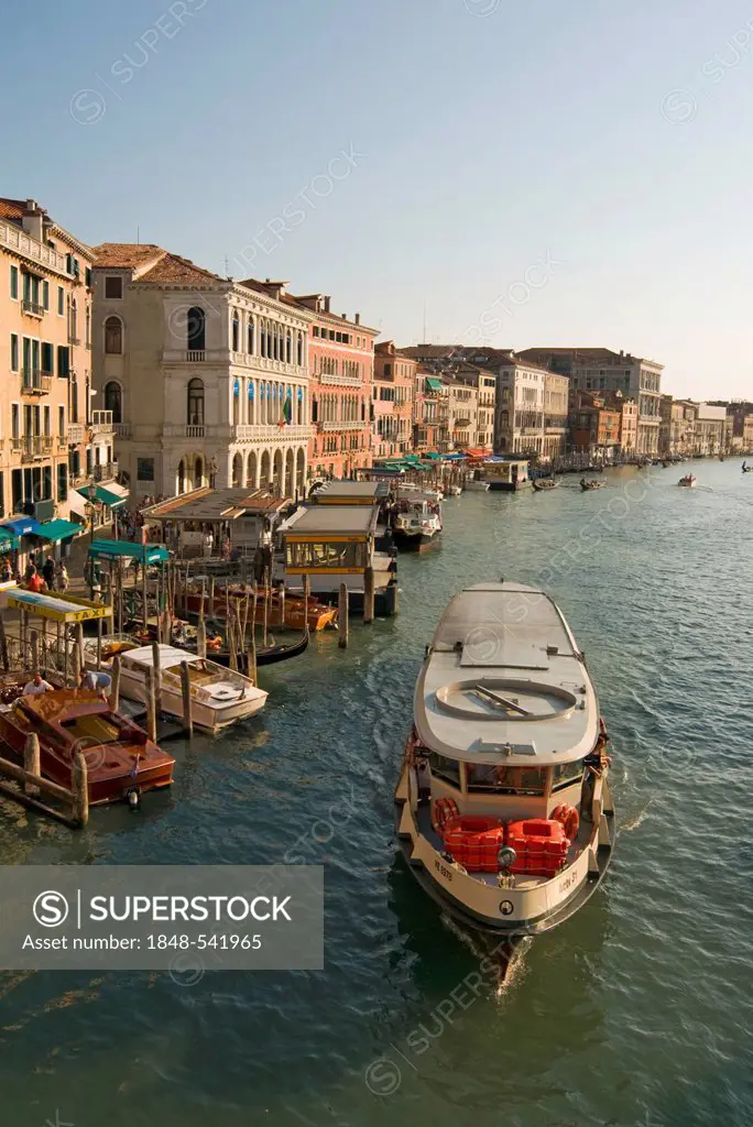 View of Grand Canal palaces with Vaporetto waterbus from Rialto Bridge, Venice, Veneto, Italy, Europe