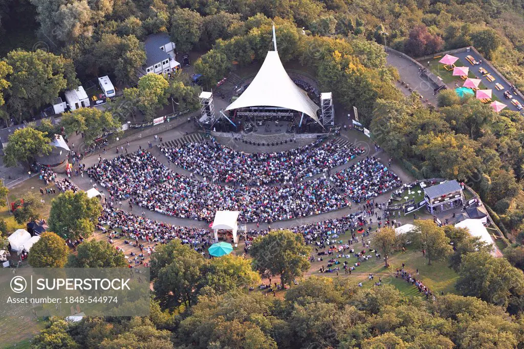 Aerial view, Freilichtbuehne Loreley open-air stage on the Loreley-Plateau at Loreley Rock, high above the Rhine river during a concert by singer Xavi...