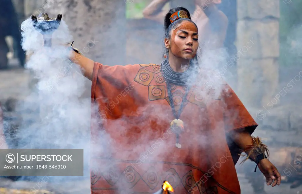Mayan woman, shaman, ceremony, incense, Xcaret, Yucatan, Mexico, North America