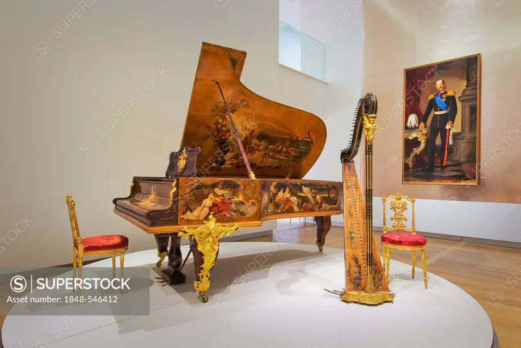 At the Russian Court, an exhibition at the New Hermitage Museum, Gran Piano exhibit, a painted Schroeder grand piano, 1898, from the last Tsarina Alex...