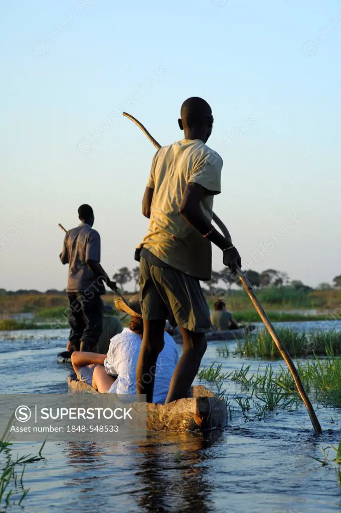 Punters with tourists in the traditional Mokoro dugout canoes on excursion in the Okavango Delta, Botswana, Africa