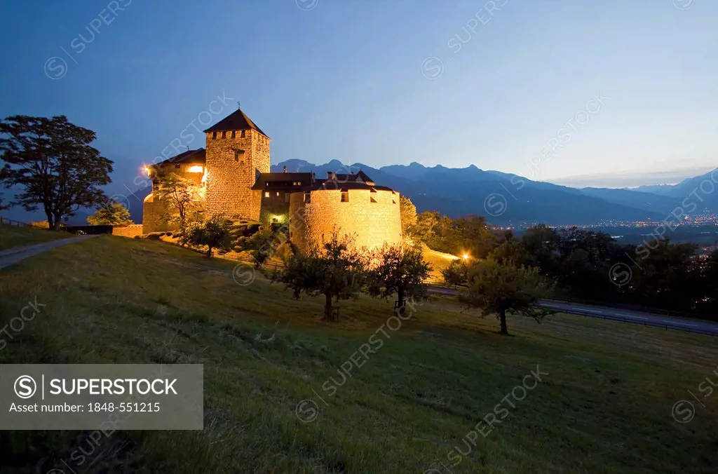 Vaduz Castle at dusk, residence of the dynasty and landmark of the capital Vaduz, Principality of Liechtenstein, Europe