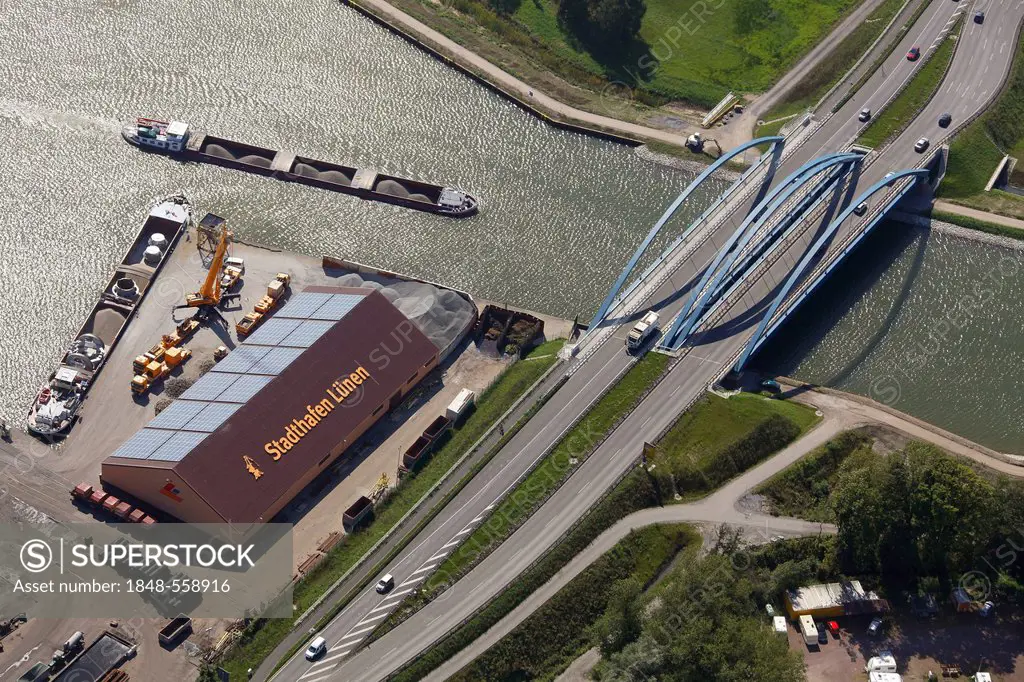 Aerial view, Stadthafen harbour, Luenen, Ruhr area, North Rhine-Westphalia, Germany, Europe