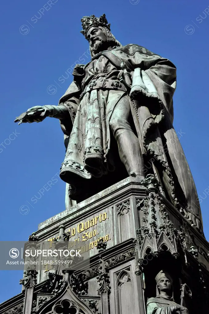 Bronze statue, monument of Emperor Charles IV on the Old Town bridge tower, Charles Bridge, Prague, Bohemia, Czech Republic, Europe