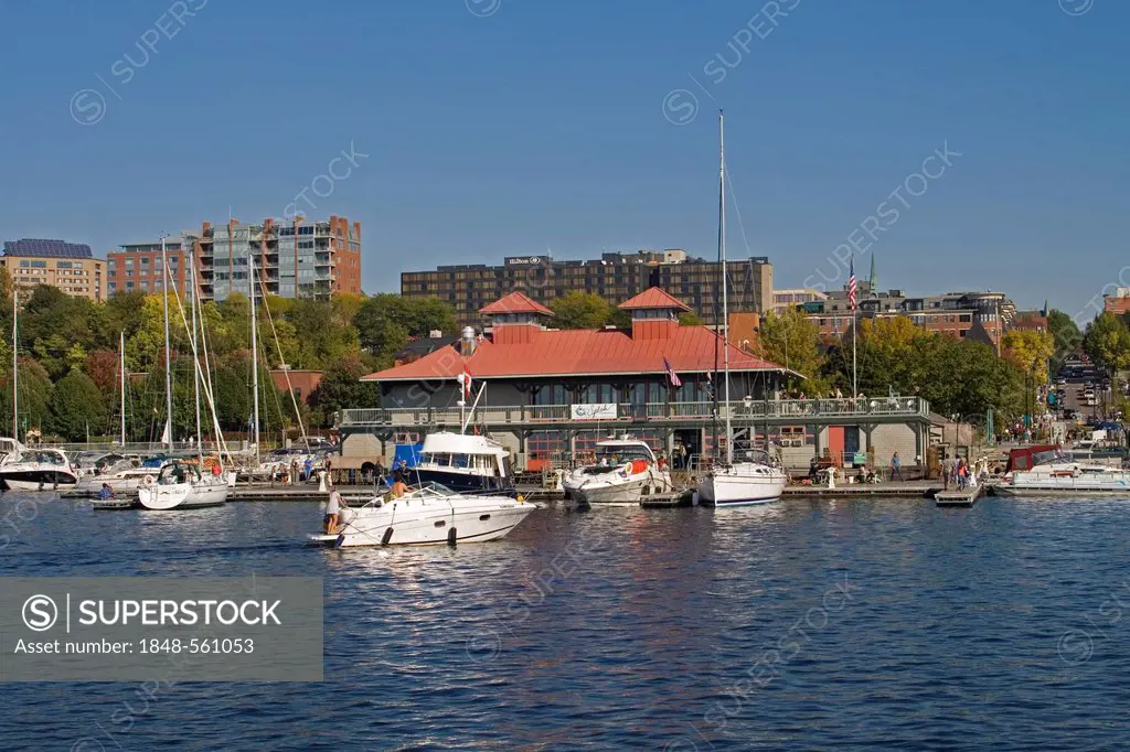Waterfront with skyline, boats, marina, Lake Champlain, Burlington, Vermont, New England, USA