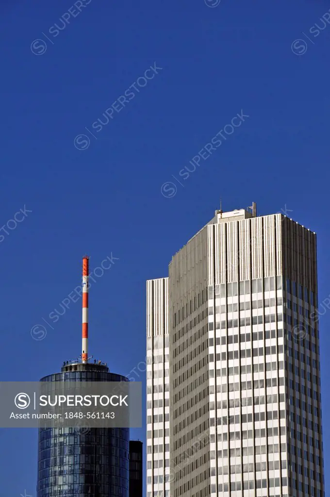 Commerzbank Tower in front of Main Tower, Landesbank Hesse-Thueringen, Frankfurt, Hesse, Germany, Europe, PublicGround