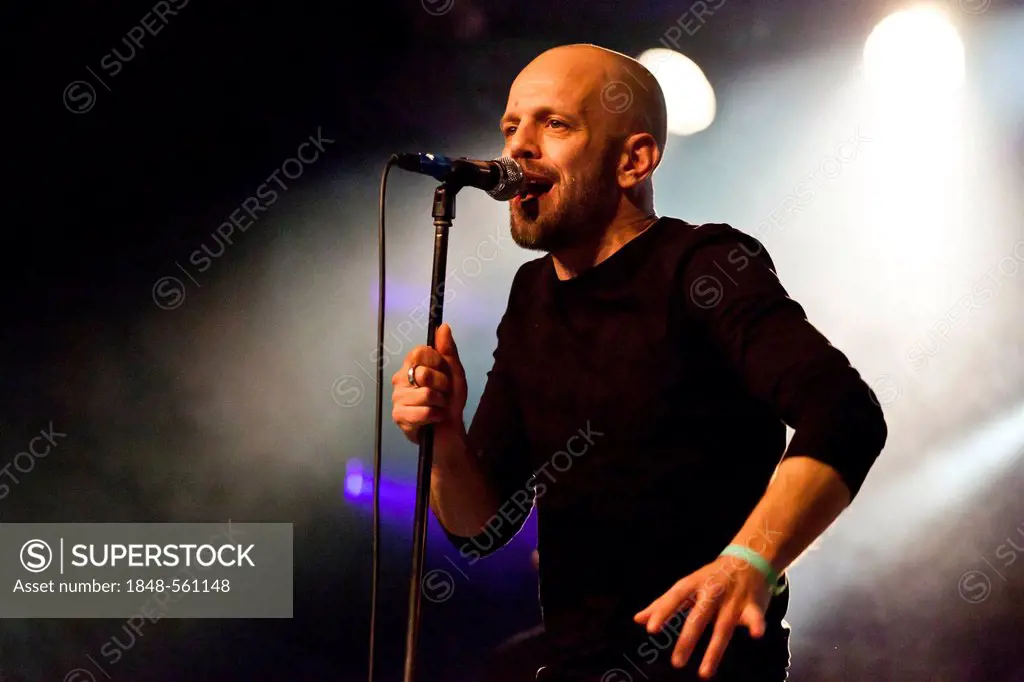 Boris Pillmann, singer and frontman of the German band Sep7ember, performing live in the Schueuer concert hall, Lucerne, Switzerland, Europe