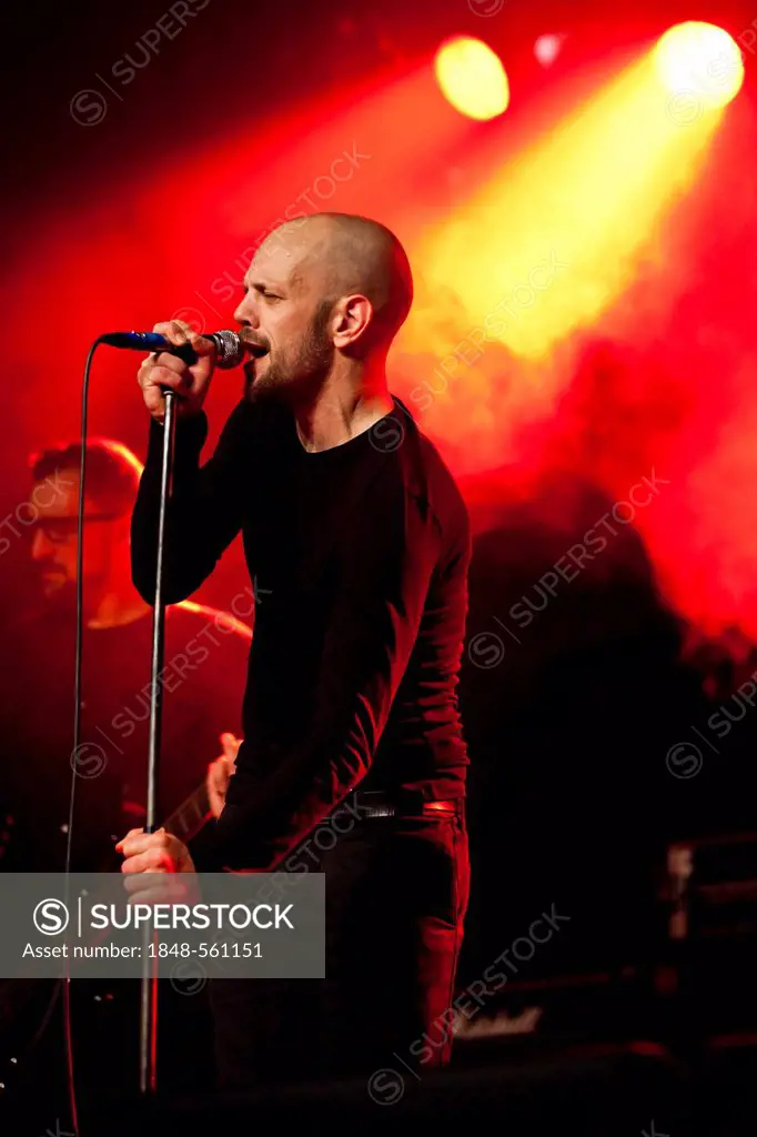 Boris Pillmann, singer and frontman of the German band Sep7ember, performing live in the Schueuer concert hall, Lucerne, Switzerland, Europe