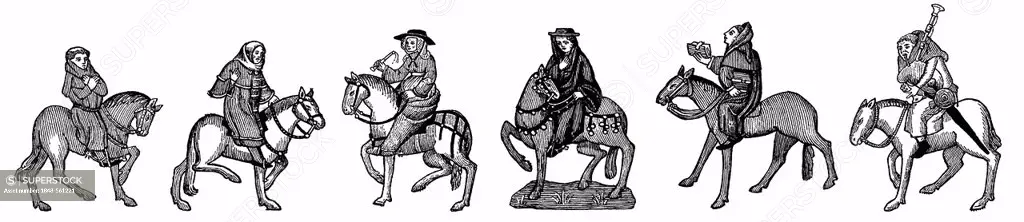 Historical illustration from the 19th century, figures on horseback after the Ellesmere Manuscript, 15th century, from Geoffrey Chaucer's Canterbury T...