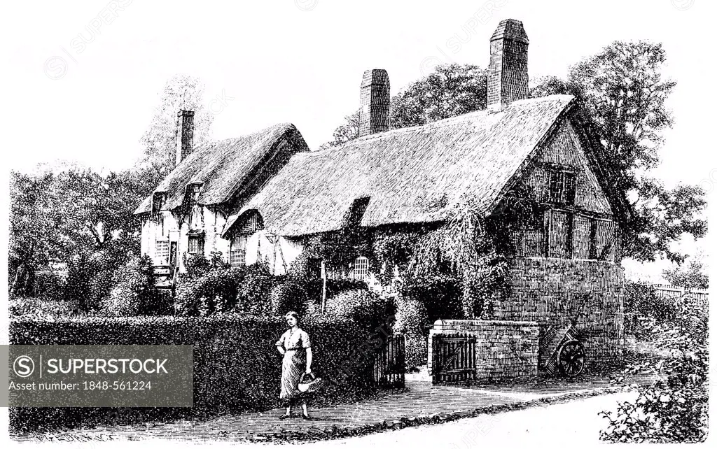 Historical illustration from the 19th Century, the birthplace of Anne Hathaway, 1555 - 1623, wife of William Shakespeare, in Shottery, Warwickshire, E...